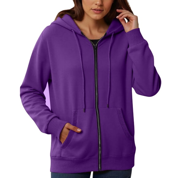 Aocisk Womens Zip Up Hoodie Fashionable Casual Pocket Zipper Long Sleeved Hooded Solid Color Sweatshirt for Streetwear Dark Purple XL