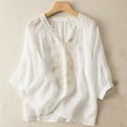 thumbnail image 2 of RKSTN Hauts pour Femmes Coton et Lin Brodés Manches Courtes Col Rond Blouses Amples Grande Taille Couleur Unie Hauts Polyvalents, 2 of 3