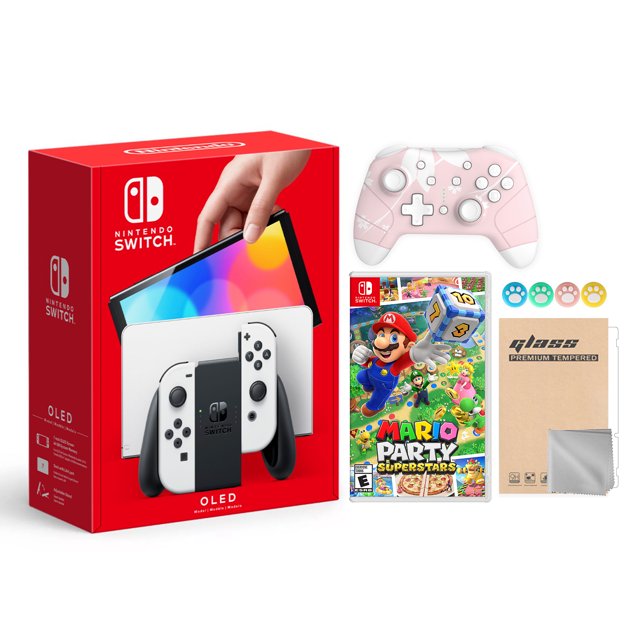 Switch OLED Model White 64GB Console HD Screen & LAN-Port Dock with Mario Party Superstars Game, Mytrix Wireless Pro Controller Cherry Pink, Screen Protector and Joy-Stick Caps Best Holiday Gift
