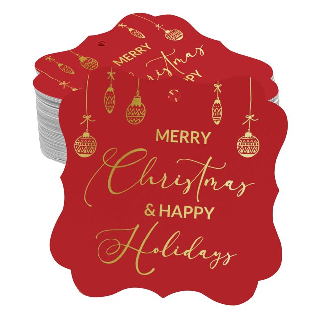 Inkdotpot Pack Of 50 Merry Christmas & Happy Text Paper Tags DIY Craft Bracket Shape Real Gold Foil Hang Tags