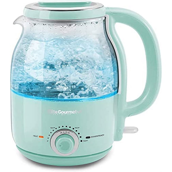Elite Gourmet EKT1220M Bouilloire Électrique en Verre Sans BPA, Cadran de Température, Fonction Maintien au Chaud, Base Sans Fil à 360°, Intérieur à DEL Bleu, Fonction d'Arrêt Automatique – Ébullition Rapide, Menthe, 1,2 L