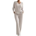 thumbnail image 2 of Ensembles de Survêtements pour Femmes Manches Longues Col Rond Haut Pantalon Large Ensemble Deux Pièces avec Poches Beige TTG, 2 of 8