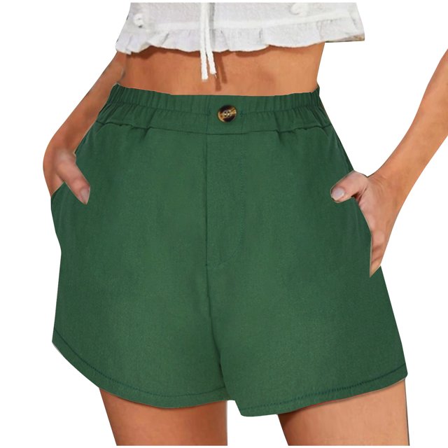 Timegard Cotton Linen Shorts for Women Wide Leg Elastic High Waisted Button Casual Shorts with Pockets