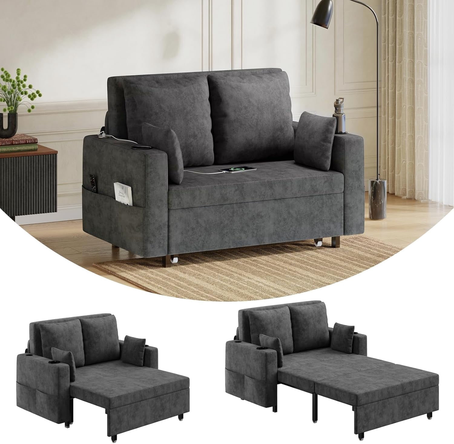 3 in 1 Convertible Sofa Bed,56 Inch Pull Out Couch,Loveseat Sleeper Sofa Bed with 4 Pillows,USB Charging, Cup Holder,Side Pockets for Living Room, Bedroom,Grey