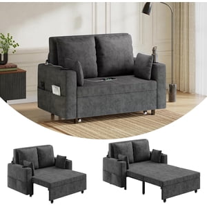 3 in 1 Convertible Sofa Bed,56 Inch Pull Out Couch,Loveseat Sleeper Sofa Bed with 4 Pillows,USB Charging, Cup Holder,Side Pockets for Living Room, Bedroom,Grey