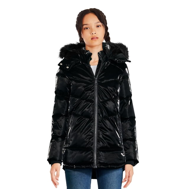 Justice Parka pour Filles en Similicuir Noir Velours avec design Matelassé, Capuche Bordée de Fausse Fourrure Douce, Fermeture Éclair Intégrale, Manches Longues avec Poignets Tempête, Deux Poches Zippées, Pare-Vent Allongé avec Boutons-Pression et Ourlet Arrondi pour Chaleur et Couverture Supplémentaires.