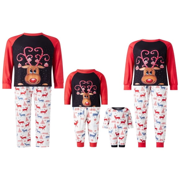 Family Christmas Pajamas Matching Sets Elk Print Long Sleeve T-shirt with Elastic Waist Pants for Adult Kids