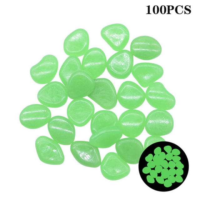 Kcavykas Ornamental Accessories, 100pcs in the Dark Pebbles Luminous Stones Rocks for Garden Deco. These green luminous pebbles are made of natural resin, non-radioactive, and odorless. They absorb sunlight or artificial light during the day and glow in the dark for up to 6 hours. Ideal for decorating gardens, walkways, flower beds, potted plants, aquariums, and more. Each pebble measures approximately 2-3 cm in length. The package includes 100 pieces.