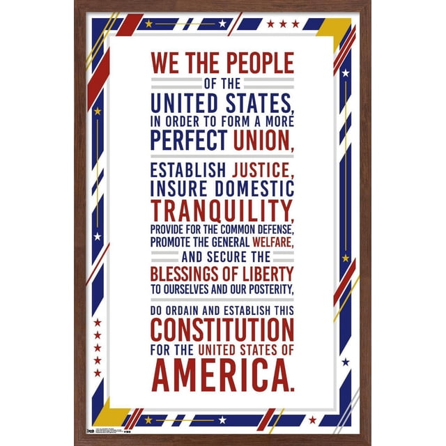 Les États-Unis d'Amérique - Affiche Murale du Préambule Constitution, 22,375 Pouces x 34 Pouces, Présentant le Texte du Préambule en Typographie Rouge et Bleue Audacieuse sur Papier Blanc Lustré, Encadré d'Une Bordure Patriotique avec des Étoiles et des Rayures en Rouge, Bleu, Jaune et Blanc, avec un Cadre Aspect Bois, art Mural Idéal pour la Déco de la Maison, le Bureau Ou les Résidences Étudiantes.