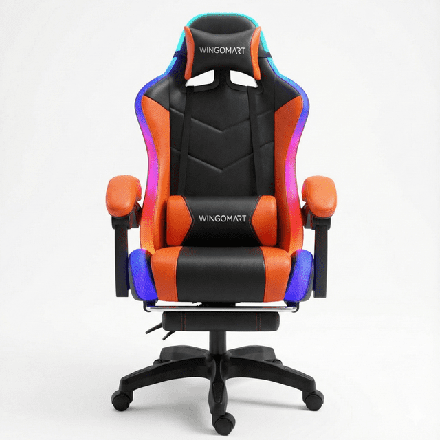 Wingomart Ergonomic Gaming Chair with Footrest, featuring a high back design in black and orange faux leather with RGB LED lights along the edges. The chair includes adjustable armrests, a retractable footrest, a detachable headrest, and a USB electric massage lumbar pillow for added comfort. It is equipped with a swivel base and adjustable backrest that reclines from 90° to 180°, suitable for gaming, working, or napping. The RGB lights can be customized using the included remote control, enhancing the gaming atmosphere.
