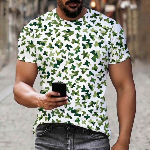 Ceisia T-Shirt Décontracté pour Homme, Coupe Ajustée, Imprimé Camouflage Moucheté Blanc et Vert, Col Rond, Manches Courtes, Cadeaux