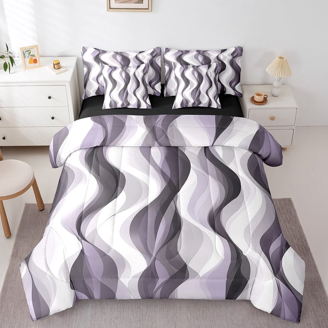 Erosebridal Ensembles de Literie Géométriques Mode Format Très Grand, Ensembles de Douillette Prune Gris avec Draps, Ensemble de Draps de Lit Réversible à Rayures Abstraites, Super Douillet Décoratif pour Chambre, 7 Pcs