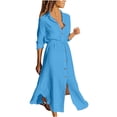 thumbnail image 1 of Cameland Women's Solid Color Single Breasted Lapel Drawstring Shirt Dress Cotton Linen Dress, 1 of 8