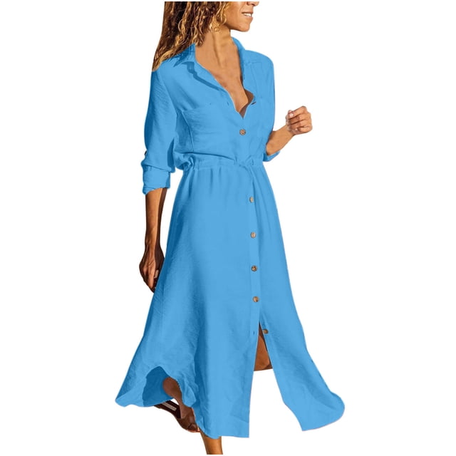 Cameland Women's Solid Color Single Breasted Lapel Drawstring Shirt Dress Cotton Linen Dress