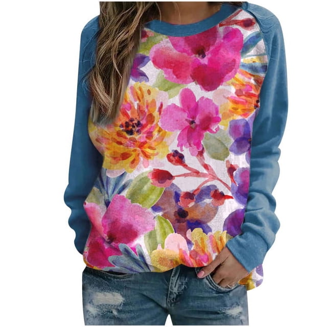RKSTN 2023 Automne Hauts pour Femmes Chandail Sportif à Imprimé Floral Décontracté Ample Col Rond Manches Longues Chandail Blouse Chemises