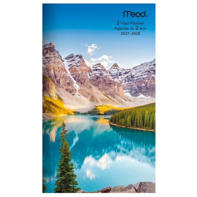 Mead® Scenic 2-Year Pkt Plnr, 2027-28 pocket monthly planner, 24-month Jan 2027–Dec 2028 spread; 3-1/4" x 6-1/4" (8.3 x 15.9 cm) stapled pocket size with protective plastic sleeve, one month per two-page spread with unruled daily blocks, notes and bilingual pages; compact and travel-friendly, often used to track trip itineraries.