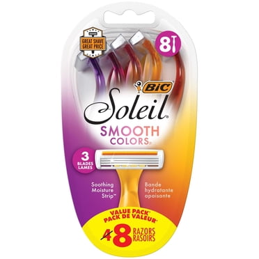 BIC Soleil Colour Collection Sensitive Skin Women's Disposable Razors, 3-Blade, 8-Count, Lubricating Strip with Aloe and Vitamin E for a Smooth Glide