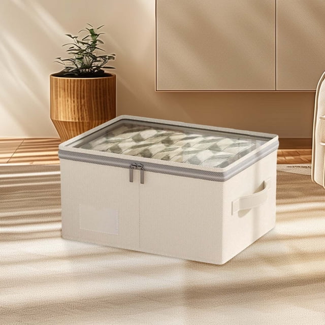 Weloille 1Pc Clothes Storage Box, Visible Dual Zipper Fabric Organizer, Sturdy Handle Foldable Thickened Large Capacity Dustproof Bin for Closet Wardrobe Underbed