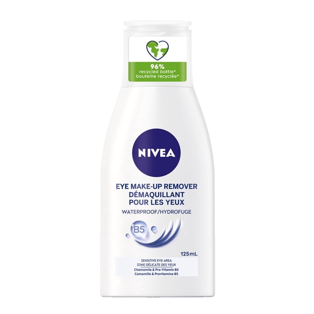 NIVEA Waterproof Eye Make-Up Remover, Enriched with Camomile, Dermatologist Tested, 125 mL front-facing 125 mL NIVEA bottle; gentle remover for sensitive eyes with Provitamin B5 and Camomile that dissolves waterproof mascara and long-lasting lipstick when applied with a cotton pad; vegan formula; bottle made from 96% recycled material; often used to remove adhesive residue from false eyelashes.