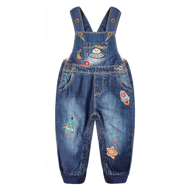 Kidscool Space Baby Boys Easy Diaper Changing Snap Legs Rockets Embroidered Denim Overalls,Blue,6-9 Months