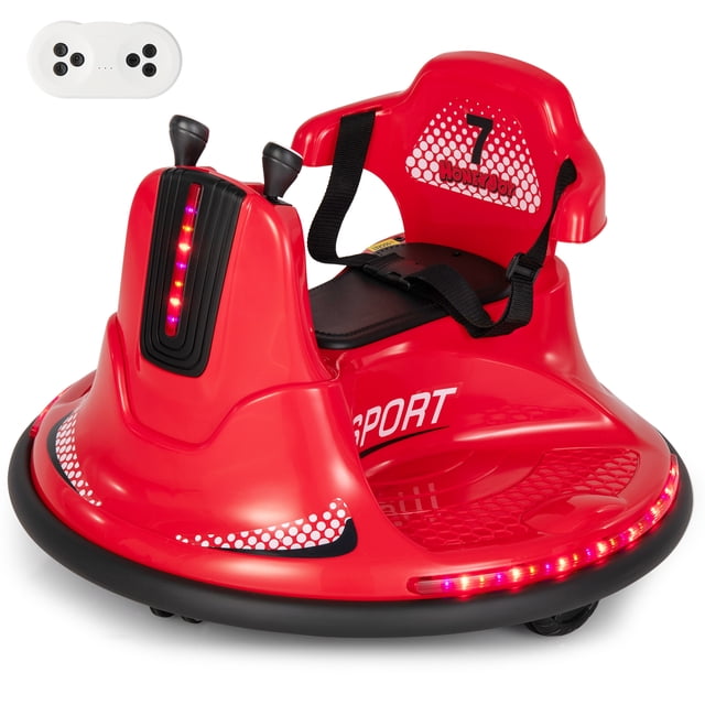 Honeyjoy 12V Bumper Car for Kids Toddlers Electric Ride On Car Vehicle with 360° Spin in red, featuring quad-wheel rotation, safety harness, soft bumper, LED lights, and a functional panel with USB and AUX ports. Includes a parental remote control for supervision and is ideal for indoor and outdoor play.