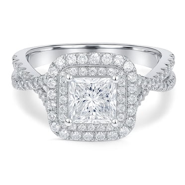 JeenMata 1 Carat Princess Cut Moissanite Engagement Ring - Bridal Set - Double Halo Ring - Cluster Ring - 18k White Gold Plating for Women