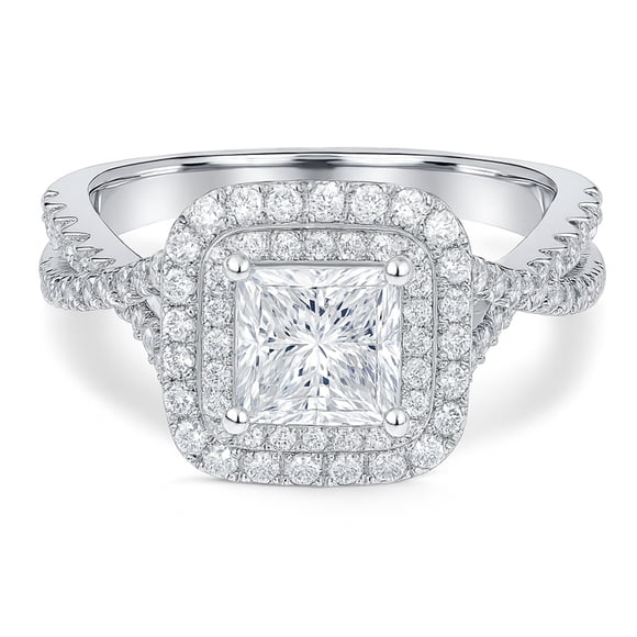 JeenMata Bague de Fiançailles en Moissanite Taille Princesse de 1 Carat - Ensemble Nuptial - Bague à Double Halo - Bague Grappe - Placage Or Blanc 18k pour Femmes