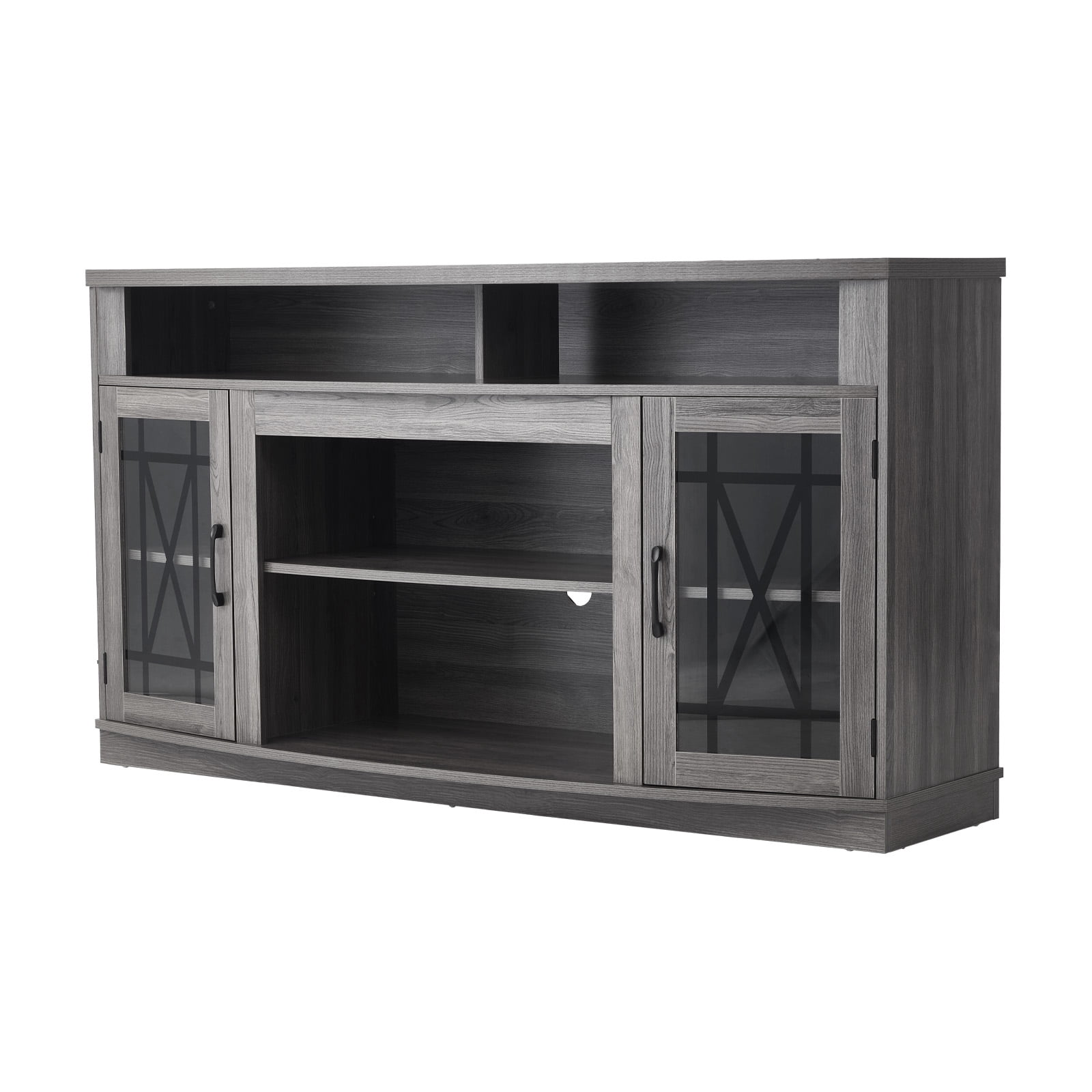 KFFKFF TV Stand for TVs up to 65 inch, Farmhouse Entertainment Center with Light Strip, Wooden TV Cabinet Storage with Glass Doors and Adjustable Shelves