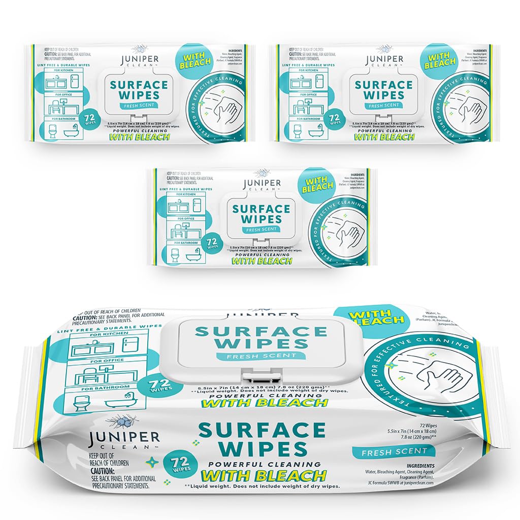 Juniper CLEAN 3 Pack Surface Cleaning Wipes with Bleach, All-Purpose Cleaner for Bathroom, Kitchen, Office, 216 Count Soft Flow, Fresh Scent, Lint Free & Durable