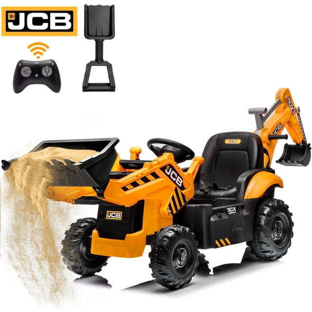 24V Kids Ride on Excavator Digger Toy Cars, JCB Powered Ride on Backhoe Construction Toy with Bluetooth, Electric Tractor Car with Remote Control, Adjustable Front and Back Loader for 3-6 Boys Girls