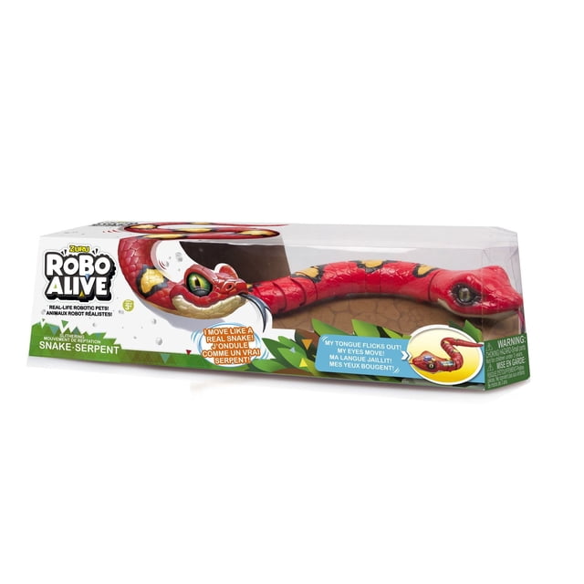 Zuru - Robo Alive Robo Alive Robotic Snake in red with yellow and black markings inside clear plastic packaging. This electronic pet toy features realistic fast slithering movement, flicking tongue, and moving eyes, ideal for interactive play for children aged 3 and up.