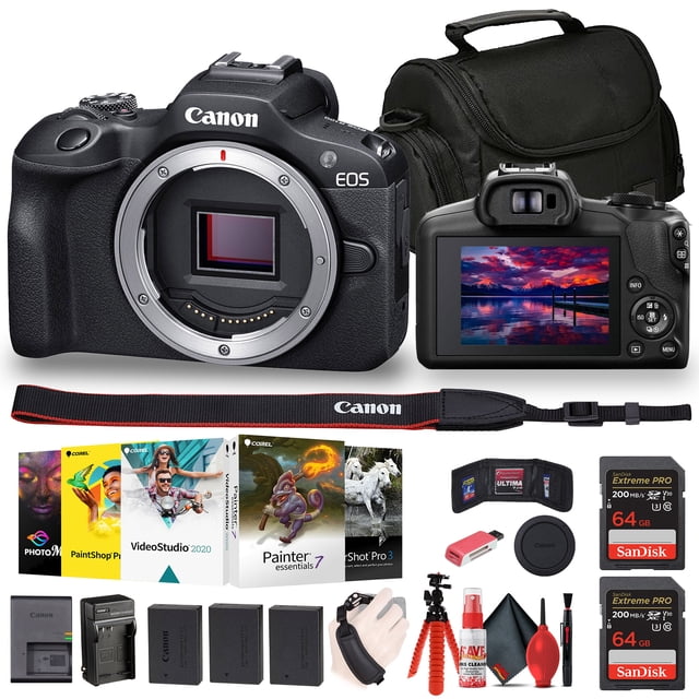 Canon EOS R100 Mirrorless Camera (6052C002) + Corel Photo Software + Bag + 2 x 64GB Card + 2 x LPE17 Battery + More(International Model)
