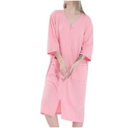 AherBiu Womens Robes Lightweight Zipper Front 3/4 Sleeve Pajamas Loungewear Full Length Sleep Dress with Pockets