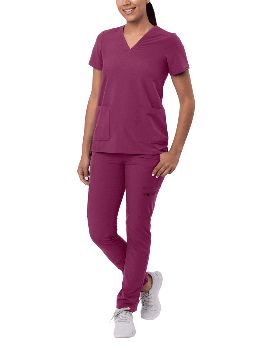 Adar Addition Go-Basic Scrub Set For Women - Slim V-Neck Scrub Top & Skinny Cargo Scrub Pants