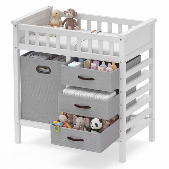 Costway Wooden Baby Changing Table, Diaper Changing Station with 3 Fabric Storage Drawers Gray
