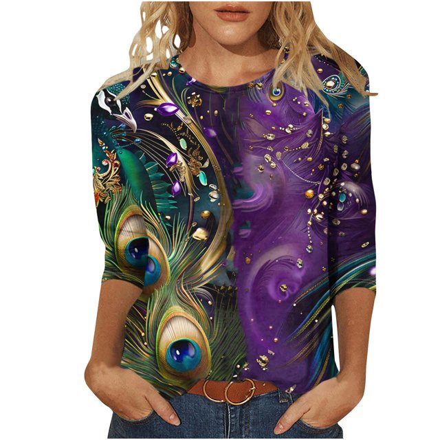 Penkiiy T-shirt Blouse Décontractée à Col Rond Manches 3/4 Mode Mardi Gras pour Femmes 3TG Multicolore