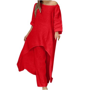 Womens Cotton Linen Lounge Matching Sets Plain 3/4 Sleeve Blouse Loose Long Pants 2 Piece Outfits Tracksuits Suit