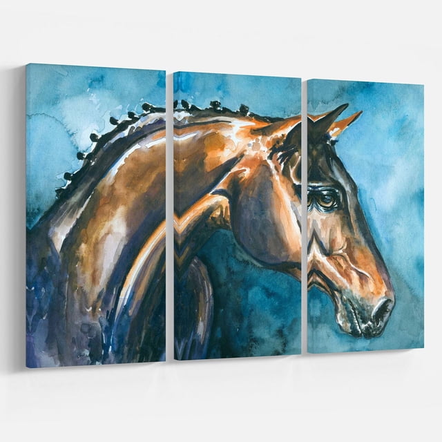 Design Art Cheval Brun sur Toile Aquarelle Bleue Impression Mettant en Vedette une Toile Enveloppée à Trois Panneaux avec un Profil Latéral d'Un Cheval Brun Peint en style Aquarelle sur Fond Bleu, Prêt à Accrocher Art Mural Fabriqué au Canada, Idéal pour Rehausser la Déco de la Maison Ou du Bureau.