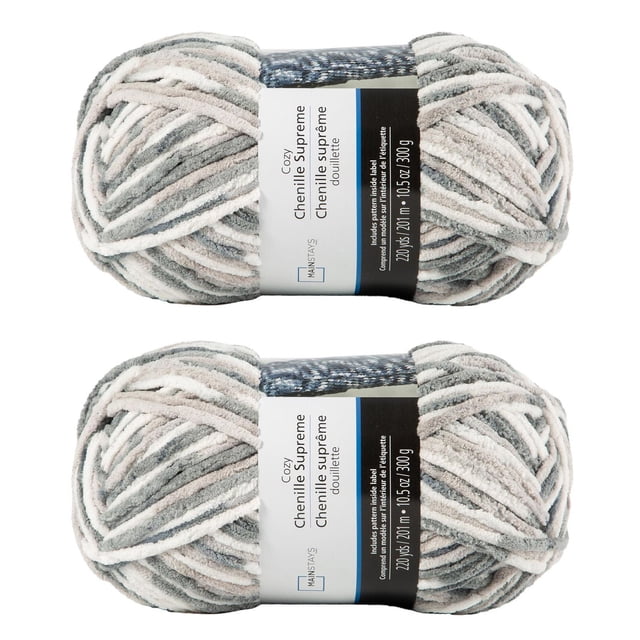 MAINSTAYS 2 pack shades of grey polyester yarn with two skeins of chenille-style yarn in grey, white, and beige tones, each 10.5 ounces and 220 yards, ideal for knitting cozy blankets, pillows, and scarves using jumbo gauge needles.
