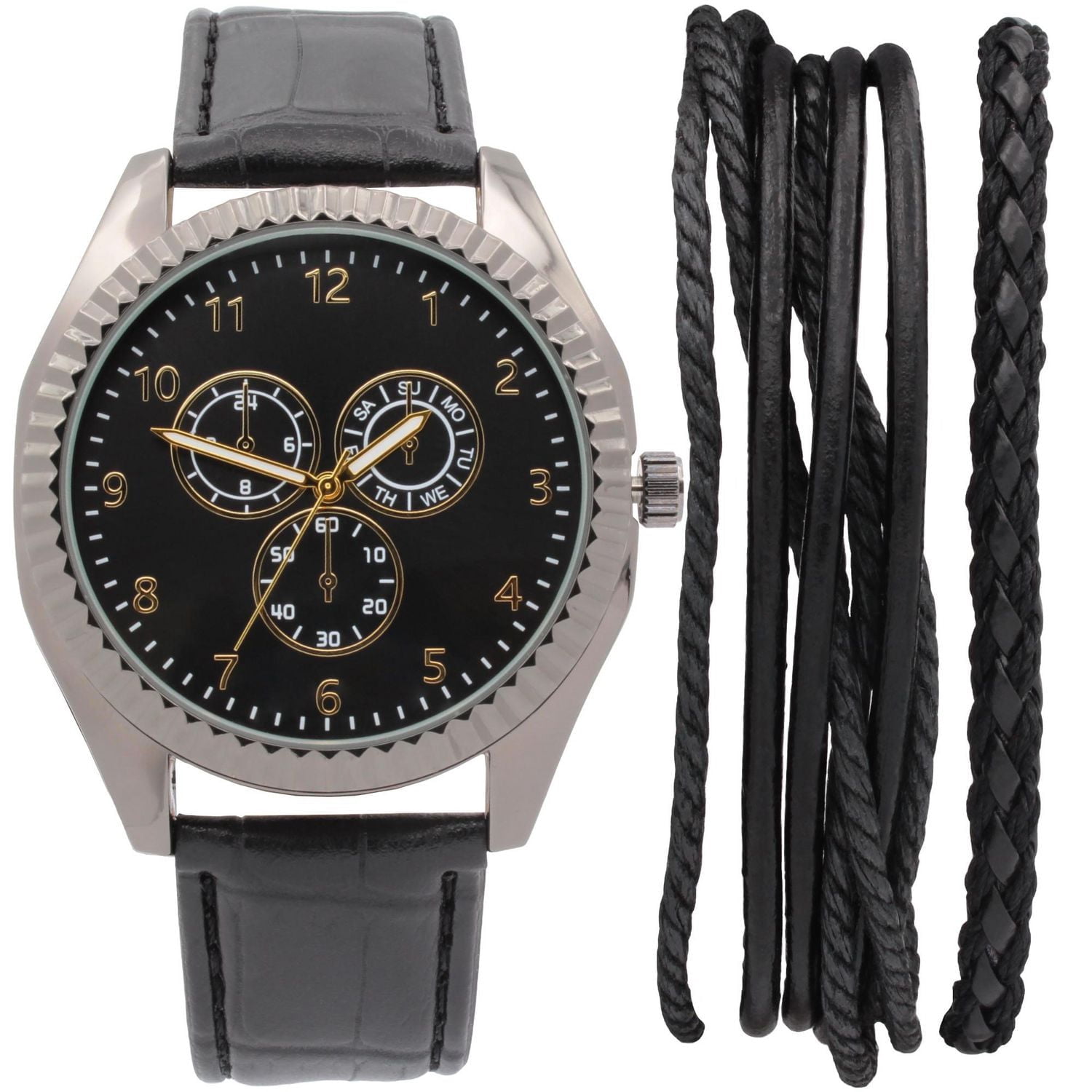 Montre analogique facile à lire pour homme avec bracelet en similicuir PU noir et ensemble de bracelets