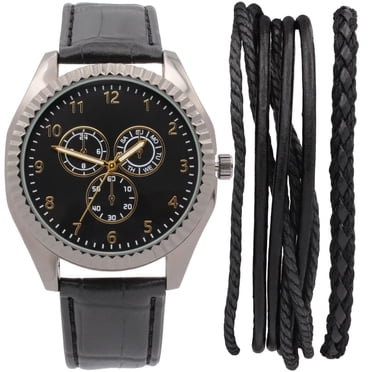 Men's Easy Read Analog Black PU Strap Watch with Bracelet set