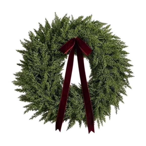 Amzcrzy Norfolk Pine Christmas Wreaths for Front Door, 12 Inch Artificial Greenery Xmas Wreath with Red Velvet Bow for Outdoor Indoor, Farmhouse Winter Wreath for DIY Holiday Decorations