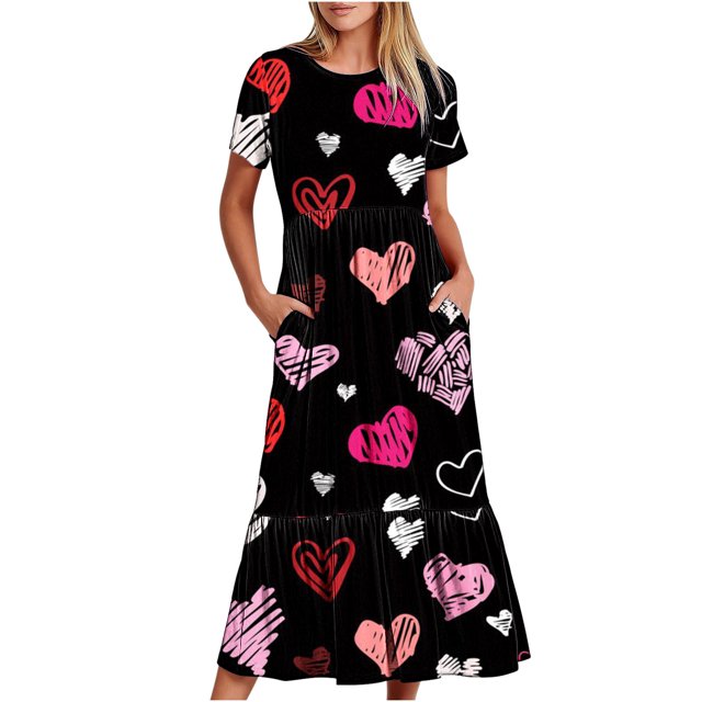 Robe d'Été pour Femmes 2024 Mode Grande Taille Décontractée à Manches Courtes Col Rond Robe Décontractée Fluide à Volants Maxi Robe de Plage avec Poches Robe à Imprimé de la Saint-Valentin Rabais de 50 % Liquidation!