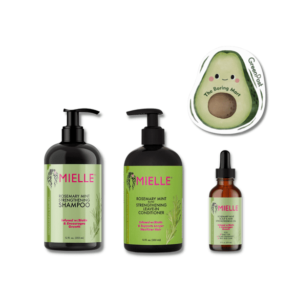 Rosemary Mint Organic-Inspired Hair Care Bundle – 3PCS (Shampoo, Conditioner & Strengthening Oil) + Bonus Styling Sponge