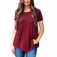 thumbnail image 5 of Femmes T-shirt Couleur Unie Haut Col Rond Manches Courtes Chemisier, Vin Rouge, L, 5 of 5