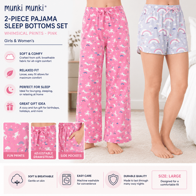 Munki Munki Pyjama Filles et Femmes Ensemble de Bas de Pyjama 2 Pcs avec Imprimés Fantaisistes - Rose (Grand)