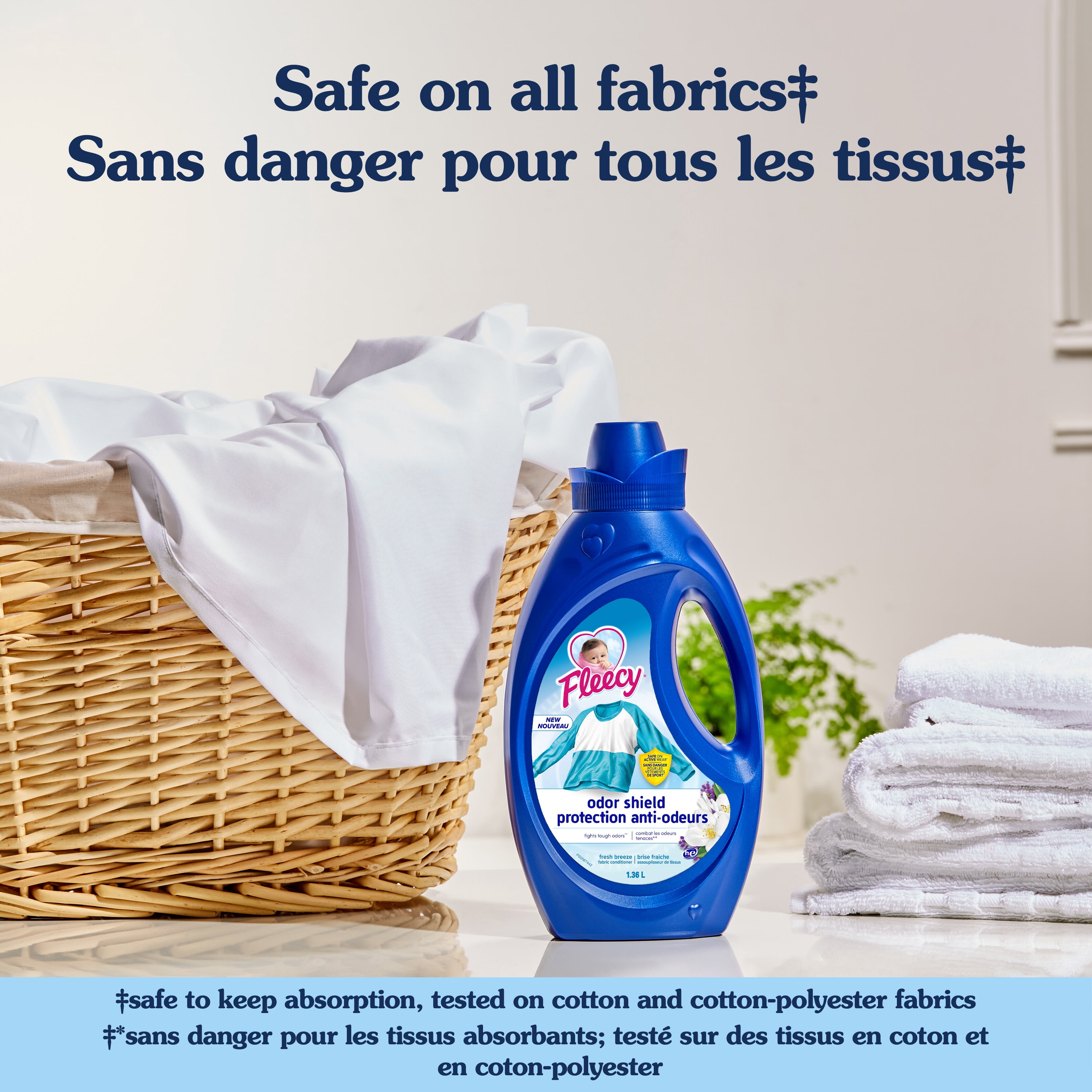 Fleecy Assouplissant à Linge Liquide Bouclier Anti-Odeurs, Parfum Brise Fraîche, 1,36 L