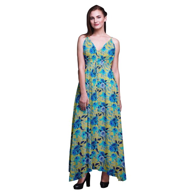 Bimba Floral Ladies Printed Resort Maxi DrawstringDressSpaghetti Strap Beach Wear-Medium