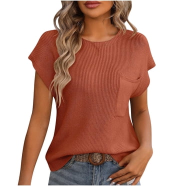 Yuyuzo Womens Cap Sleeve Shirts Crewneck Knit Tops Solid Color T Shirts Casual Loose Blouse
