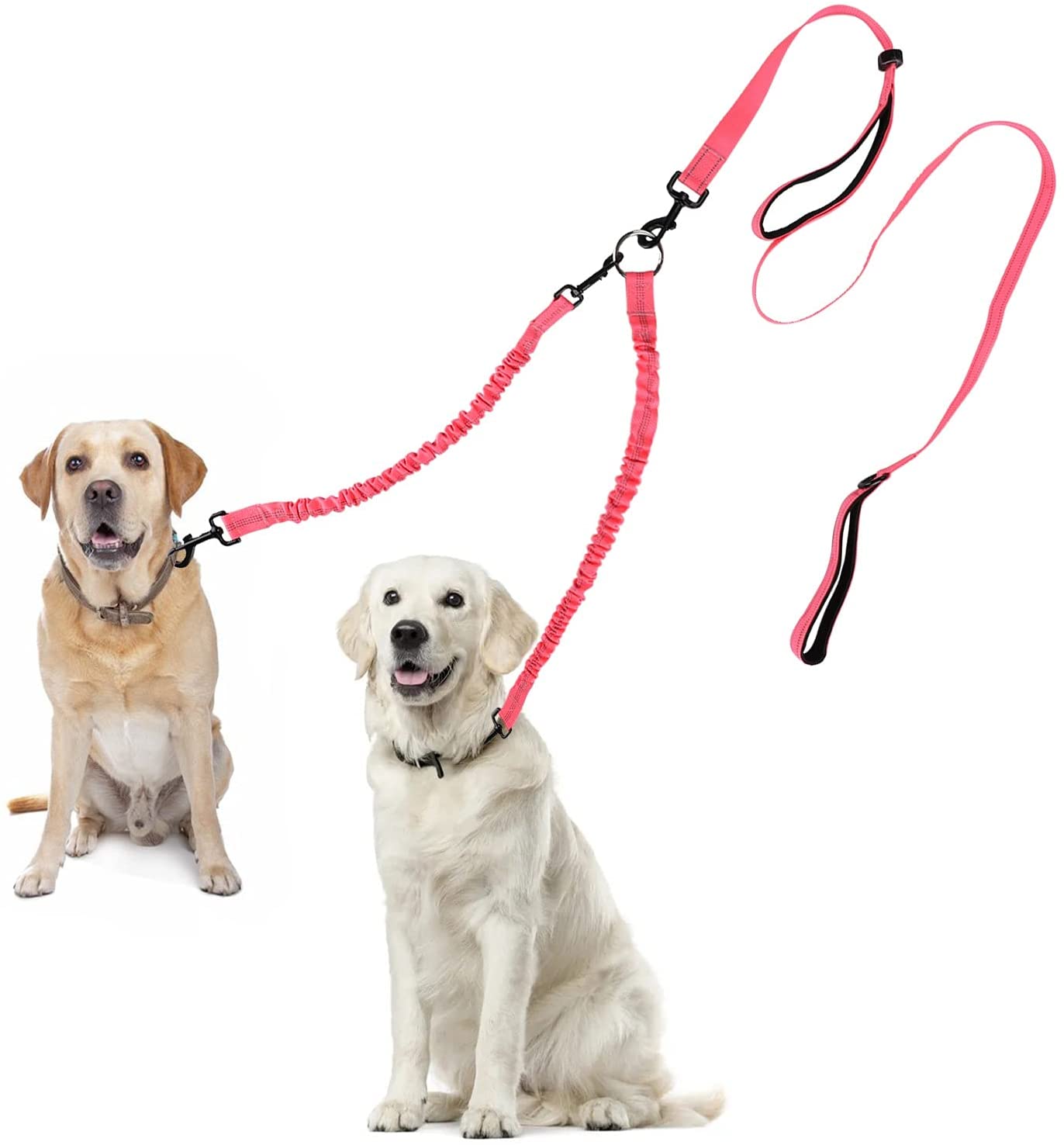 PinesC Dual Dog Leash, Double Dog Leash, 360° Swivel No Tangle Dog Walking Leash for 2 Dogs up to 200lbs, Comfortable Adjustable Dual Padded Handles (Pink) Pink Double Dog Leash